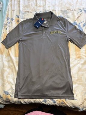 Fanatics Gray Brewers Polo Shirt with Yellow Embroidery